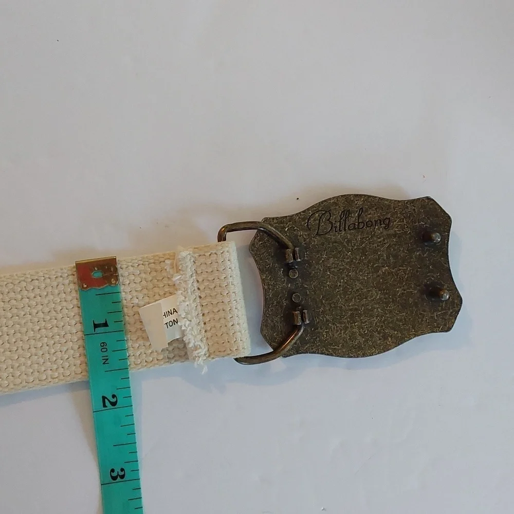 Vintage Billabong Cream Canvas Double Grommet Belt  Bronze Billabong Buckle L/XL